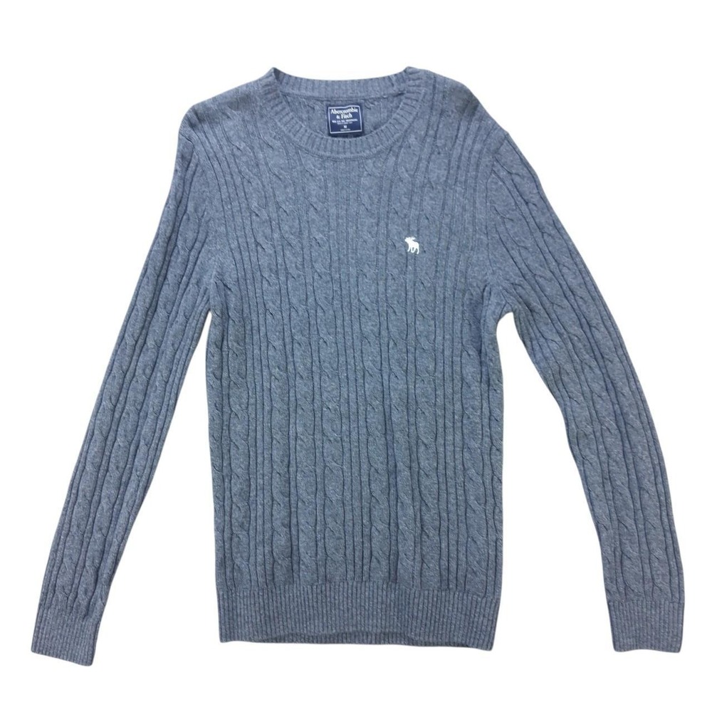 Abercrombie & Fitch Womens Grey Cable Knit Moose Logo Crewneck Sweater Medium